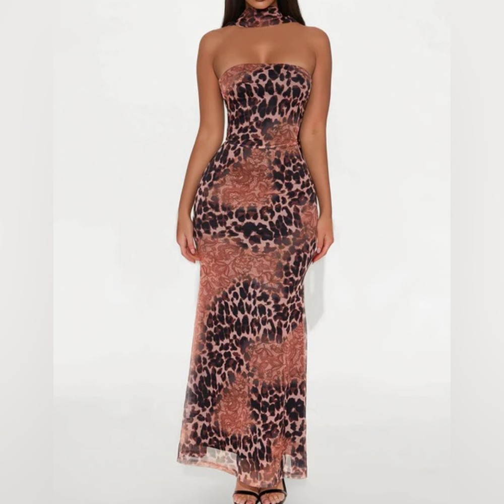 Fashion Nova Dramatic Effect Leopard Mesh Maxi Dress - Leopard
